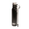 The image displays a black insulated water bottle with a silver cap. Attached to the bottle is a clear silicon straw with a steel straw stem, accompanied by a straw cleaning brush. The bottle has a logo and text printed in white, indicating it is associated with "OPTIMAL SLEEP AIRWAY HEALTH." The items are set against a light background, highlighting the sleek design and functionality of the bottle and straw combination. This type of product is often marketed for its health benefits and sustainability features.