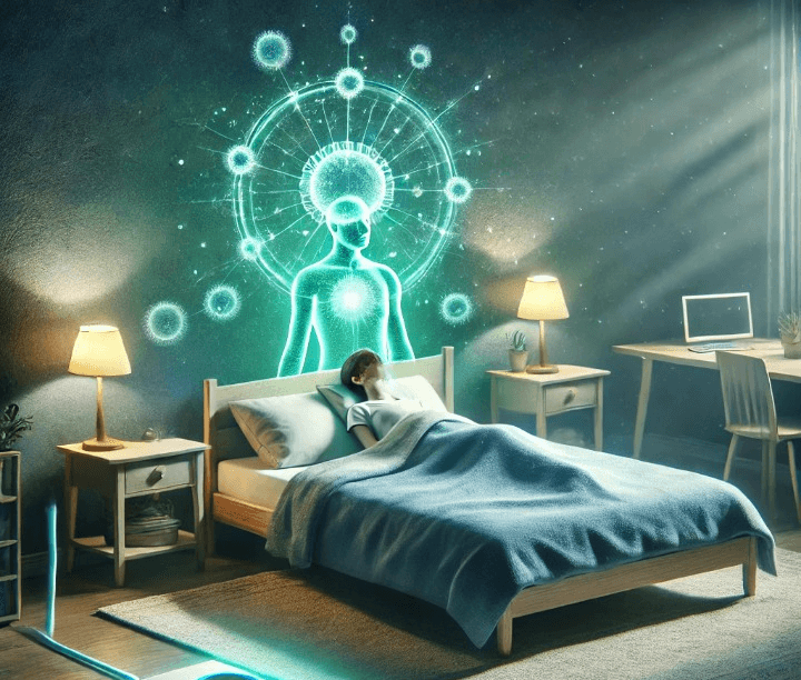 A serene bedroom scene showing the interconnection between sleep, immunity, and electrosmog.